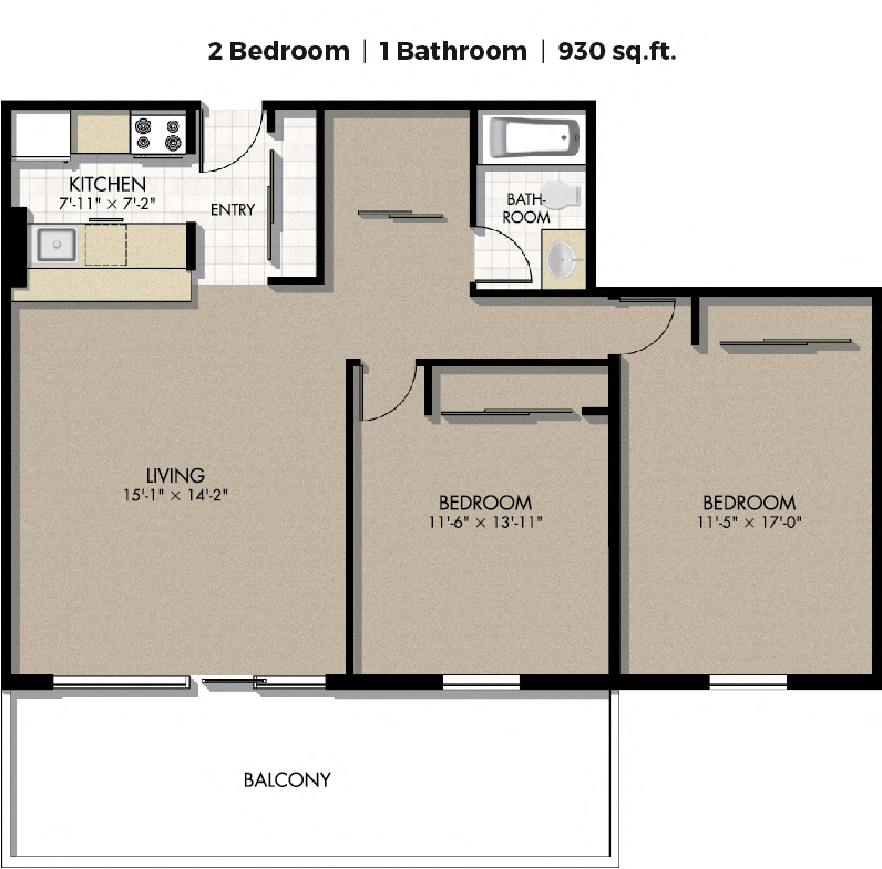Floor plan for 2 beds, 1 bath, 940 sqft